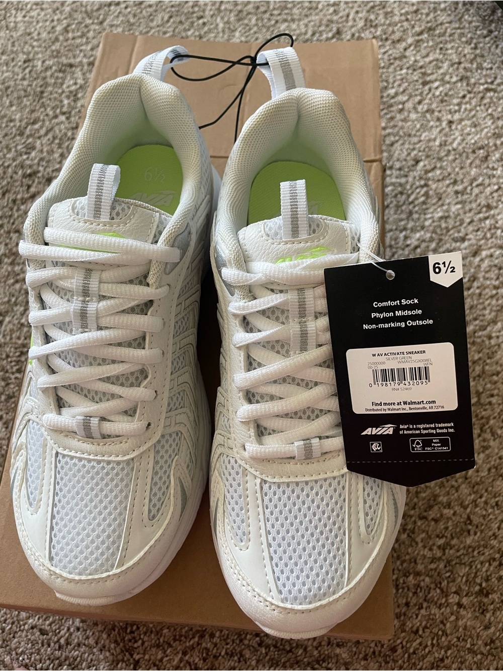 Avia White Athletic Sneakers with Lime Green Insoles